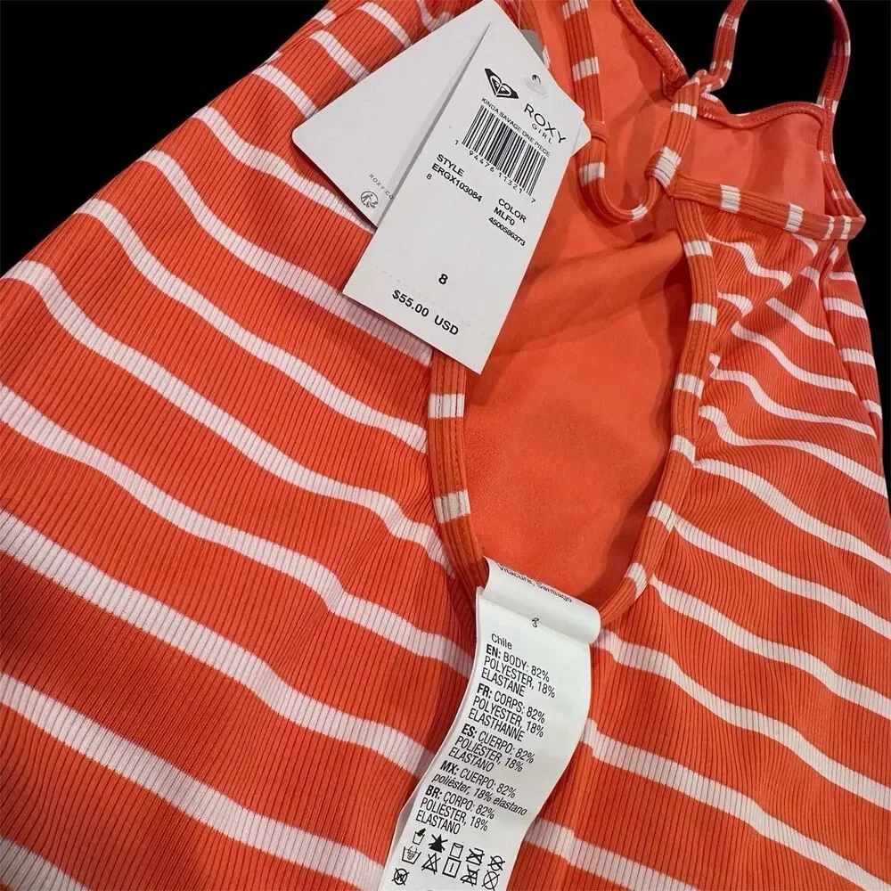 Roxy Girl Size 8 Orange/White Stripes Ribbed (Kinda Savage One Piece Swimsuit)‎